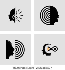 Four flat design icons representing music notes sound waves headphones and volume control isolated
