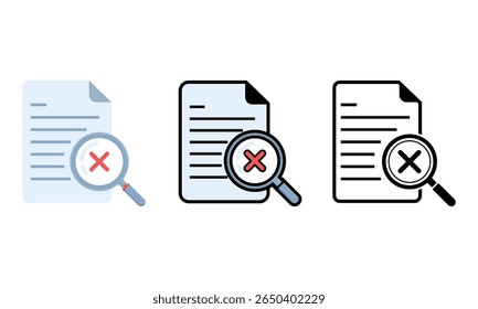  four flat design icons showing documents with magnifying glasses. Perfect for illustrating rejection, errors, or failed document searches in UI design, business apps, or educational tools