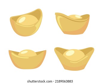 Cuatro ilustraciones planas de diseño de sistemas de oro chino de lingotes set vector para el Año Nuevo Lunar. El barco dio forma a lingotes de oro.