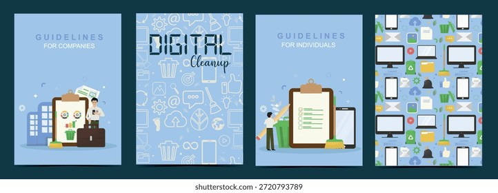 Quatro tampas de maquete de design plano para diretrizes do Dia de Limpeza Digital, incluindo para empresas e indivíduos ideais para folhetos e manuais. Sobriedade digital. Ilustração vetorial