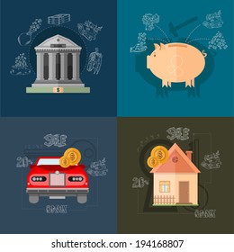 four flat design vector illustrations on different backgrounds with financial operation deposit and purchase house and car