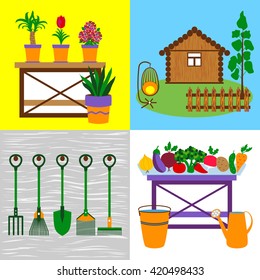 Four flat garden concepts. Vector illustration of garden tools, flowers and vegetables.