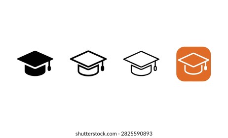 four flat icons of graduation caps with different outline and fill styles on white background