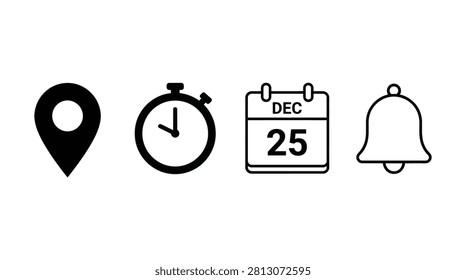 Four flat icons – location pin stopwatch calendar and bell – are presented as black silhouettes against a white background.