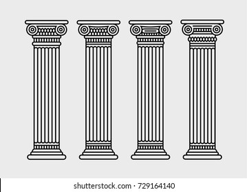 Four flat long contour graphic antique roman columns. Vector illustration. Isolated.