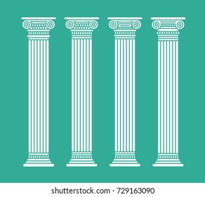 Four flat long white graphic antique roman columns. Isolated. Vector illustration. 