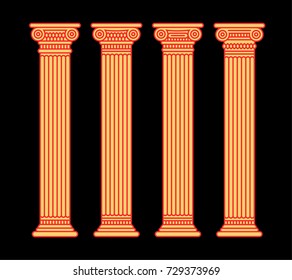 Four flat long yellow graphic antique roman columns. Vector illustration. Isolated. With red contour