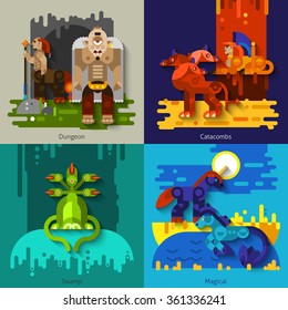 Four flat mythical creatures with dungeon and swamp and catacombs and magical set vector illustration