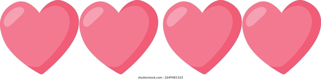 Four flat pink hearts in a clean row. A simple and modern illustration for love, Valentine's Day, or affectionate design themes.