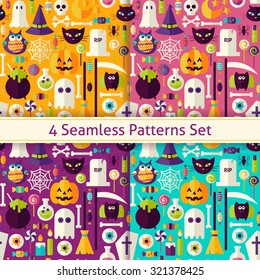 Four Flat Seamless Scary Halloween Patterns Set. Flat Style Vector Seamless Texture Backgrounds. Collection of Halloween Party Templates. Trick or Treat