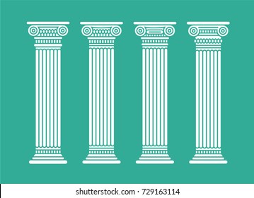 Four flat short white graphic antique roman columns. Vector illustration. Isolated.