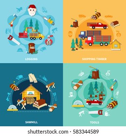 Four flat square lumberjack icon set with logging shipping timber sawmill and tools descriptions vector illustration