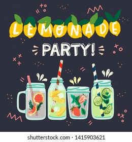 Four flat style glass bottles and mason jars with cooling drinks. Invitation card with festooned lemon fruits and lettering inscription Lemonade Party. Vector illustration dark background with doodles