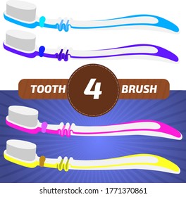 Four flat toothbrushes of different colors without shadows. Nylon bristles and plastic handles.