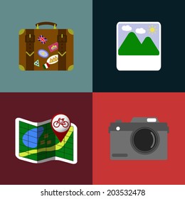 Four flat vacations icons with suite, photo and map