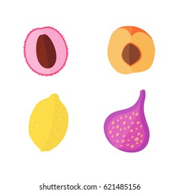 Four Flat Vector Fruits with Texture in Oblique White Lines. Vector Illustration of a Lychee, Apricot, Fig and Lemon. Vector EPS 10