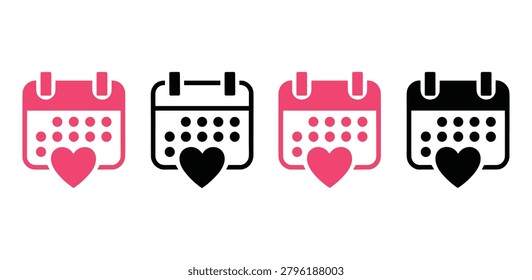 Four flat vector illustrations of a calendar with a heart shape presented in different color combinations.