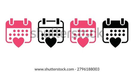 Four flat vector illustrations of a calendar with a heart shape presented in different color combinations.