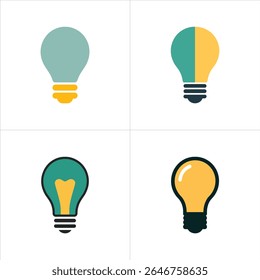 Four flat vector light bulb icons on a white background, featuring teal, yellow, and black color schemes, representing idea generation and creative solutions.