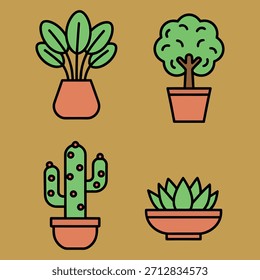 Cuatro ilustraciones de plantas en maceta de Vector plano