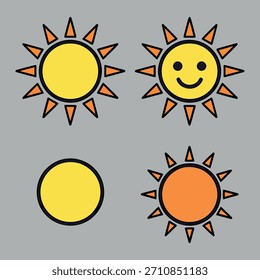 Cuatro iconos de sol de Vector plano