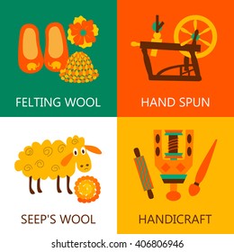 Four flat wool felting concept..Vector illustration objects felting wool on white,green,orange and white.
