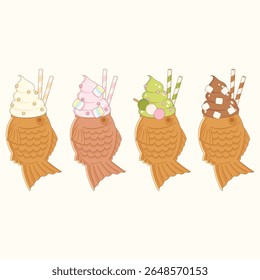 four flavors of japanese-style taiyaki ice cream dessert, vector illustration