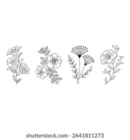 Four floral arrangements isolated on white background in line art