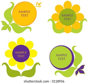 Four floral background design elements  colorful flowers and leaves over white background. Colors are easily editable