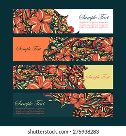 Four floral banners with flowers, leaves. Vector illustration