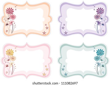 Four floral labels in different colours; orange, purple, pink and blue-green