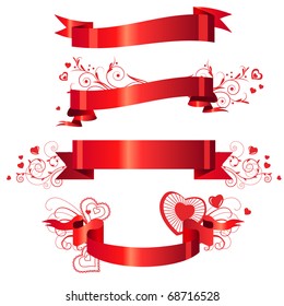 Four floral red banners with small hearts