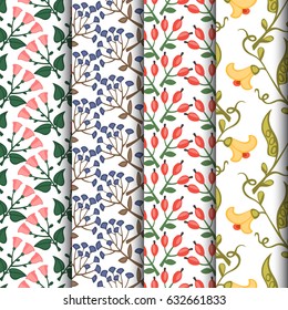 Four floral retro seamless patterns, colorful vector.