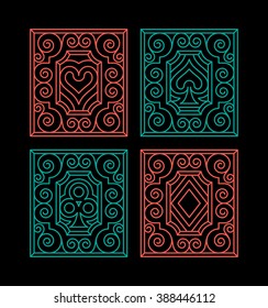 Four flourishes elegant ornamental playing card suit symbols template in trendy linear style. Vector illustration.