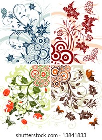 Four flower background with butterfly and circle, element for design, vector illustration