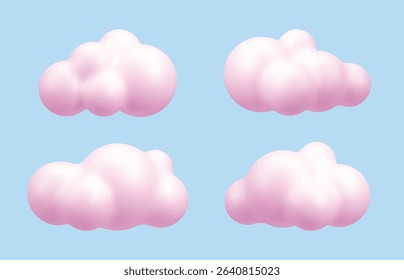 Four fluffy pink 3d cloud vector renders against a light blue background. Realistic illustration for playful design concept. Vector graphics.