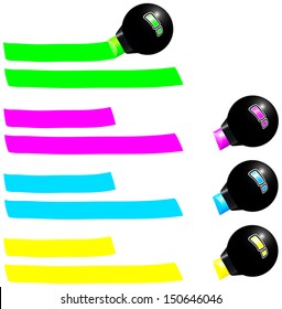 Four fluorescent markers draw a colored trail. Green, pink, blue and yellow. Isolated vector on white background.