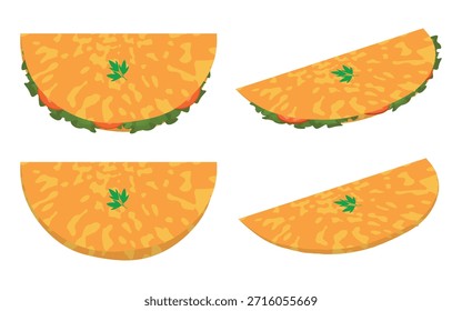 Quatro Ilustrações Omelete Dobrado Com Dois Ângulo, Vista Lateral e Superior, Com e Sem Enchimentos de Alface e Tomate. Ideal para comida e conteúdo com tema de café da manhã.