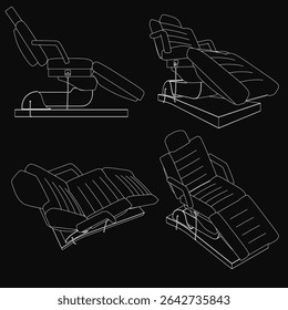 Four folding massage chairs in line art style, each with unique design, arranged on a black background. Colors range from light to dark, highlighting intricate details.