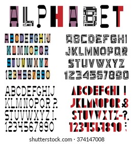 Four fonts, numbers and punctuation mark. Vector set