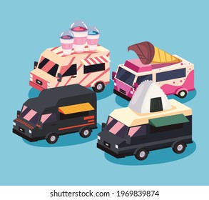 four food trucks vehicles icons