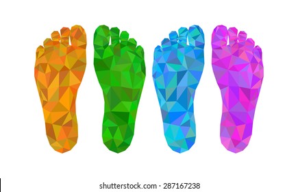 Four footprint left and right foot bottom view low poly polygon.