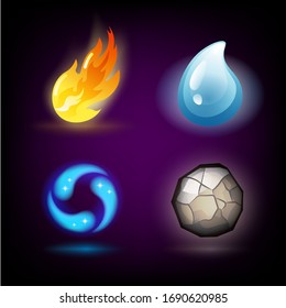 Four forces or nature elements - Water, Fire, Earth, Air. Design elements on dark background. Templates for renewable energy or ecology logos, emblems or cards. Alternative energy sources.