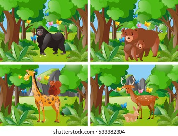 Four forest scene with wild animals illustration