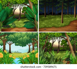 Four forest scenes at day and night illustration