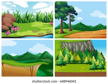 Four forest scenes at daytime illustration