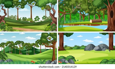 Four forest scenes with trees and river illustration