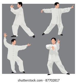 Four forms of Tai-chi. Men wear traditional chinese cloths. Gray background.  Color vector illustration.