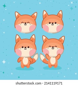 four foxes group over blue
