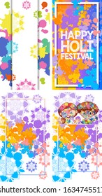 Four frame designs for Holi festival with colorful watercolor paints background illustration